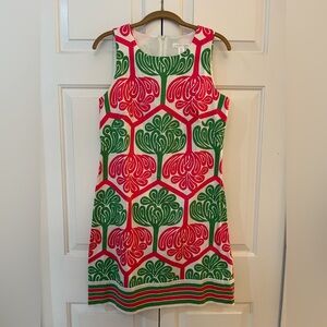 London Times Cotton Midi Dress with Pink and Green Design EUC Size 12